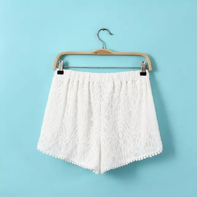 CC29 Fashion summer Women Elegant Lace floral elastic waist casual white shorts design brand