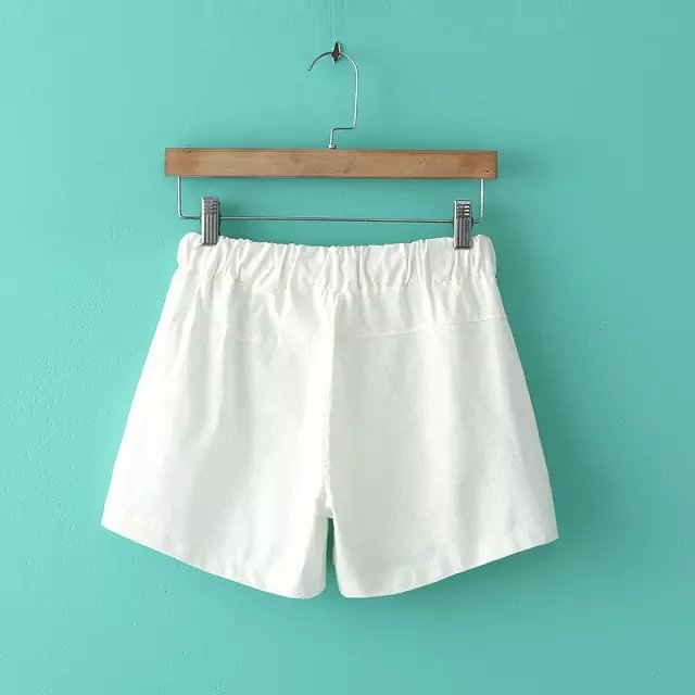 AX08 Fashion Women Elegant Cotton Linen Embroidery Elastic Waist Drawstring white Casual brand design pocket shorts
