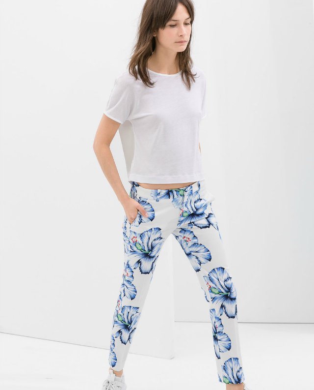08 New summer Fashion Ladies'flower print zipper waist pants OL work style pants casual slim pants