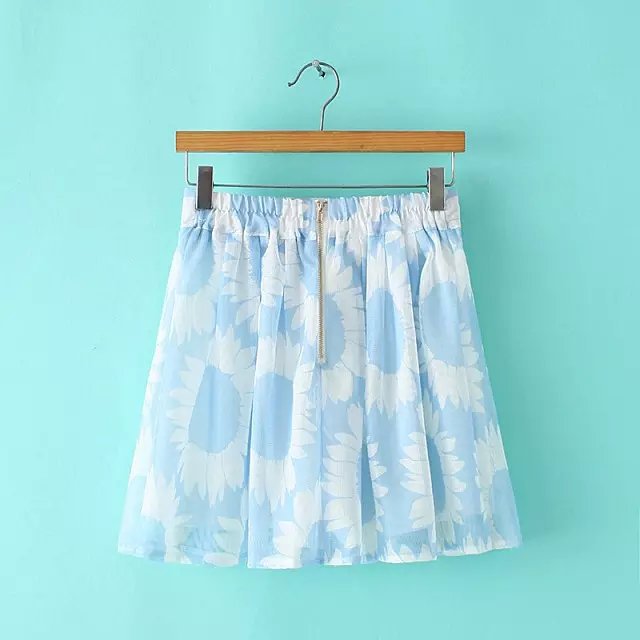 QQ40 Fashion Women Elegant Mesh Cotton Pleated Sunflower Print skirts Back Zipper Vintage Casual blue brand Skirt