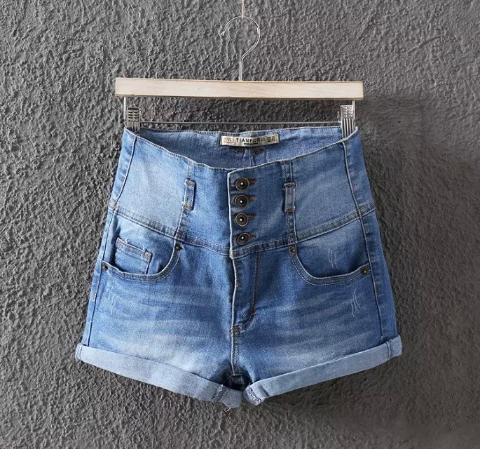 WS05 New Fashion Women Vintage High Waist Denim blue 4 Buttons Pocket Cuffs Casual Jeans Shorts