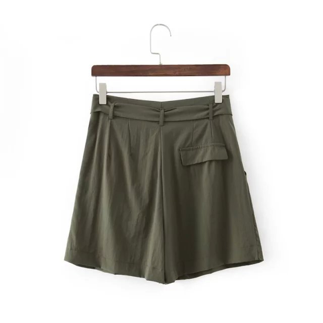 Lj24 Fashion Summer Ladies Elegant Sashes Pocket Dark Green Skirt Shorts For Women Casual Brand Female Short Feminino Mujer