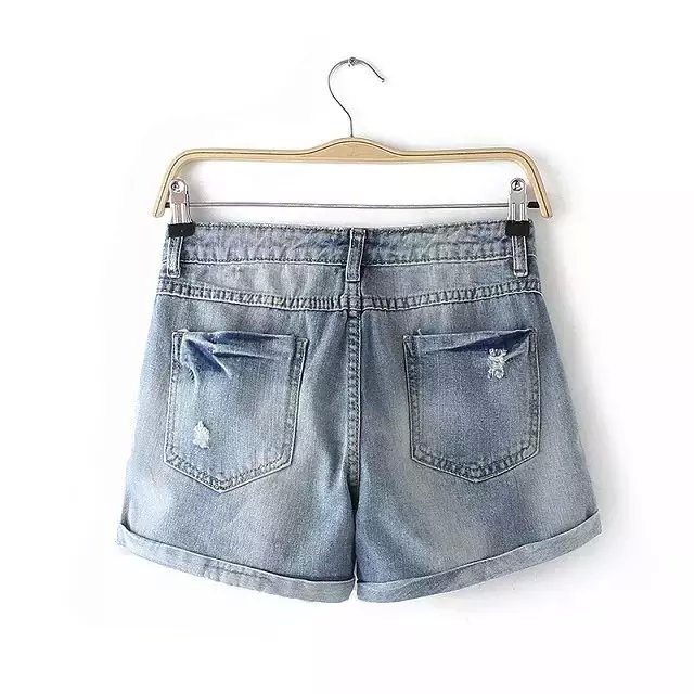 XC33 Fashion Women Elegant Zippers Denim Blue short pockets Slim casual hole Jeans Plus Size shorts