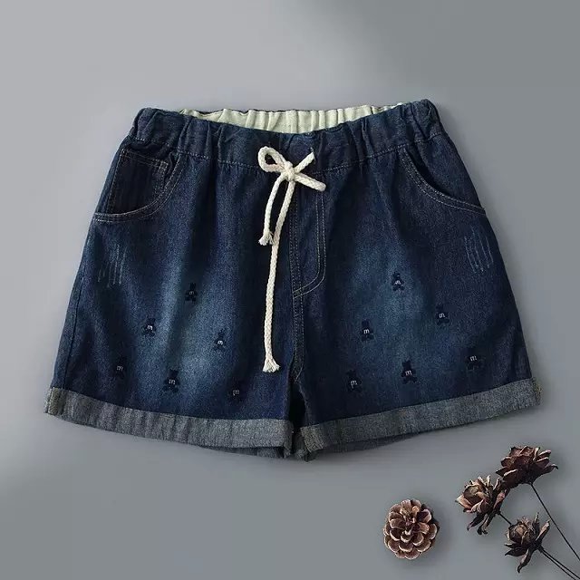 ZH01 Fashion Women Elegant bear Embroidery Drawstring Denim Blue Jeans pockets casual shorts