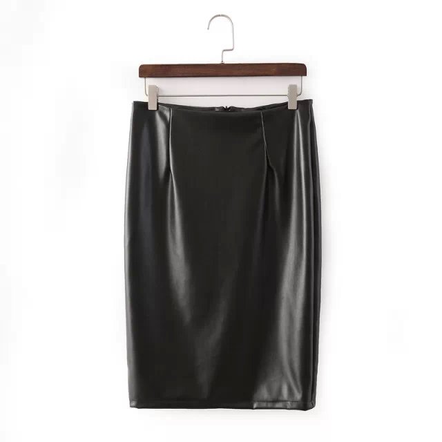 XZ14 Fashion Women black PU leather skirts vintage back split zipper elegant stylish causal Slim pencil skirt