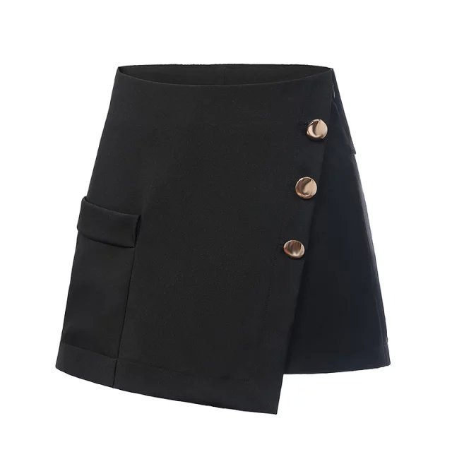 XD34 Fashion Summer Ladies' elegant Gold buttons Pocket Black Irregular shorts quality casual slim shorts