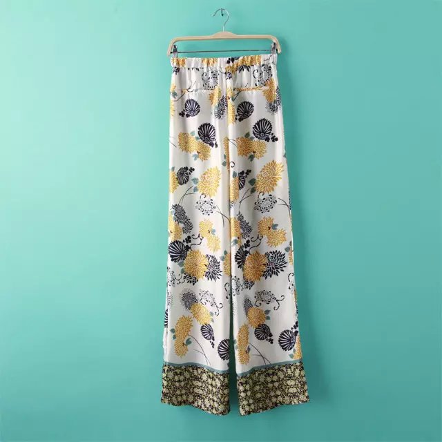 Oz50 Fashion Ladies Elegant Floral Print Pocket Satin Trousers Casual Elastic Waist Loose Brand Pants For Women Pantalones