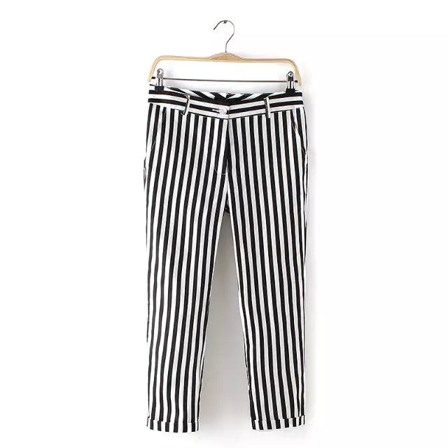 AZ54 Fashion Women Elegant Linen Stripe Print zipper pockets trousers capri pants length casual slim brand design