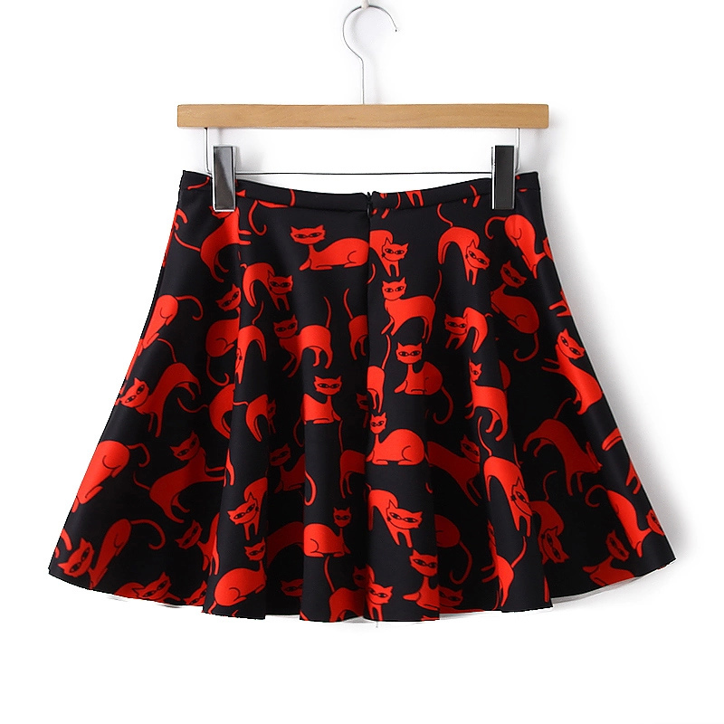 HY06 Fashion Women Elegant vintage cat black print zipper mini pleated Skirt casual slim brand skirts