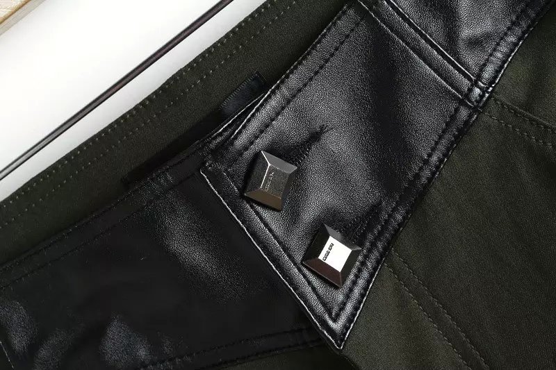 XZ97 Fashion Women Elegant denim patchwork PU Leather Trousers Button Vintage Pocket Casual black brand designer Pants