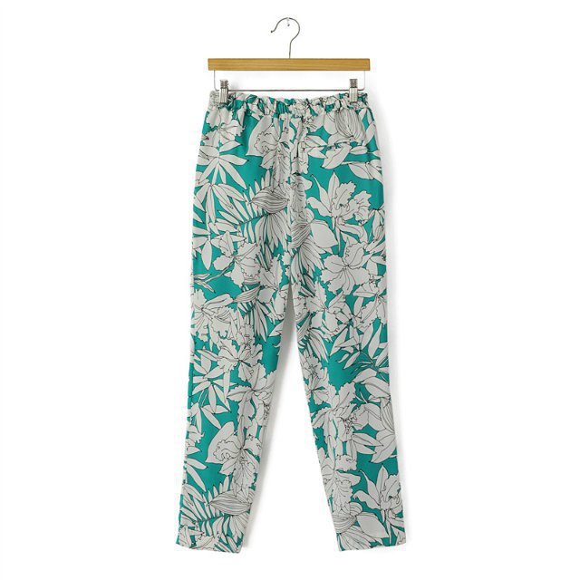LF2 Summer Fashion women Elegant floral print Green pants Elastic Waist trousers pocket cozy vintage casual loose brand