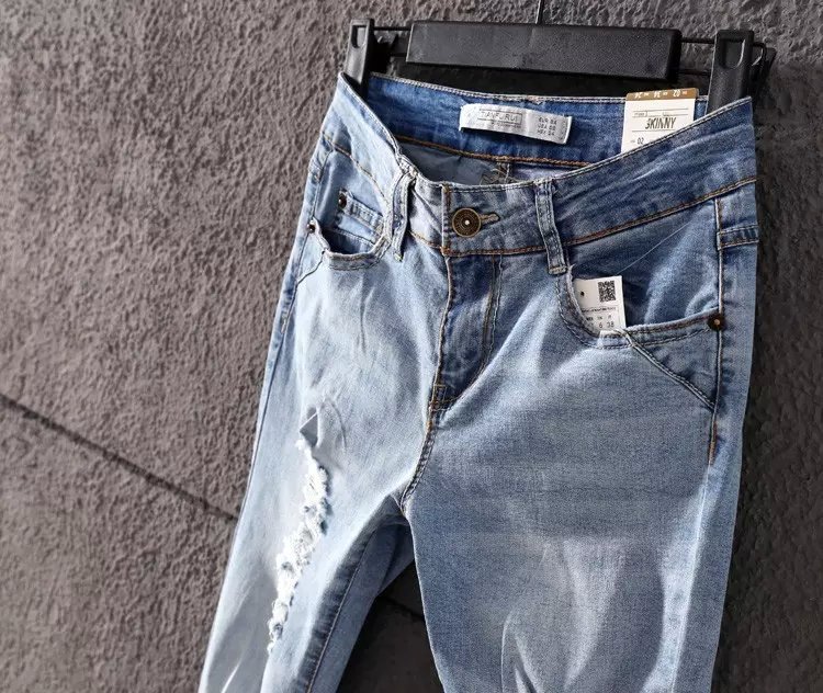 WS10 New Fashion Women Elegant holes Blue Denim jeans trousers zipper pockets Casual slim brand design pants