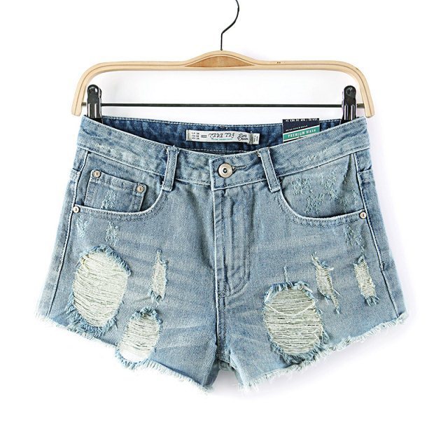 03MM01 Fashion womens elegant stylish hole shorts vintage zipper pockets causal Slim brand design shorts