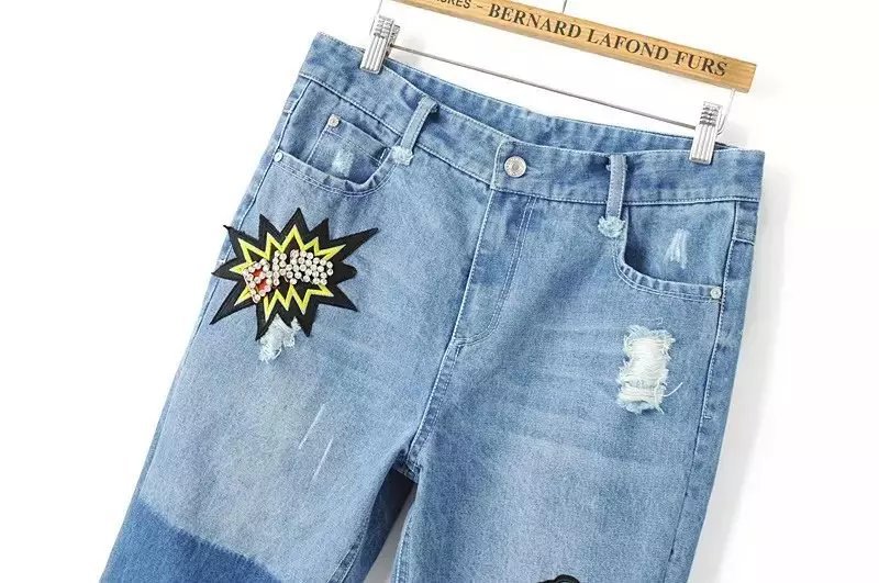 NIA01 Fashion Women Elegant Holes Ripped Duck Embroidery Denim blue trouses Zipper Pockets pants Casual brand design jeans
