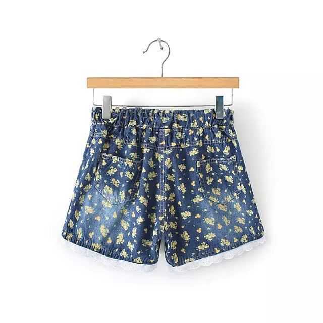 QQ20 Fashion Ladies' Elegant Flower Print blue denim shorts elastic waist pockets shorts causal Slim brand shorts