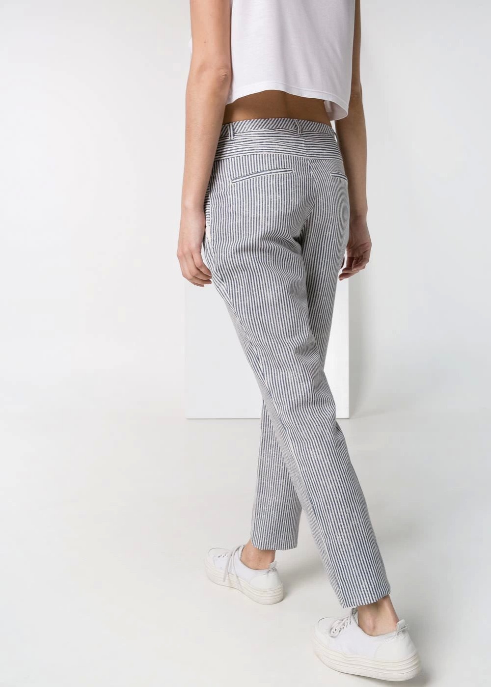 03LJ01 Fashion women's Elegant stripe cotton linen suit pants leisure pants pockets slim trousers brand designer pants