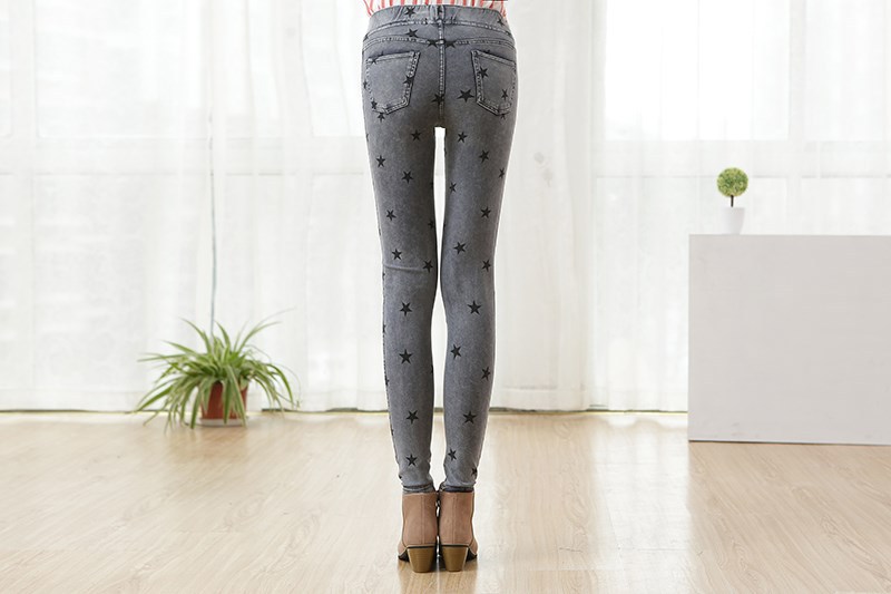 KQ47 Fashion women Elegant pockets Stretch Denim Star Print Skinny pants casual slim brand design
