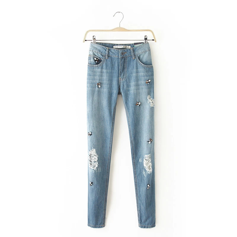 FG13 Fashion Women elegant classic holes Beading Denim jeans trouses zipper pockets skinny pants casual slim brand design