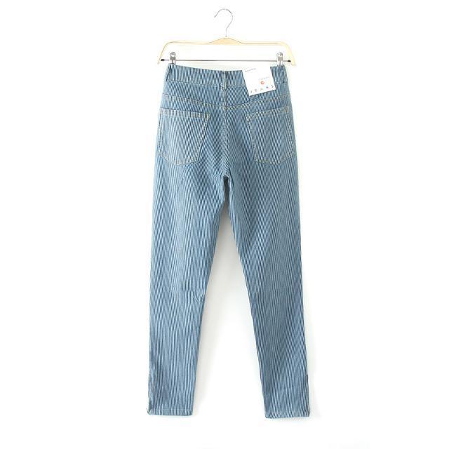 03FG02 Fashion Ladies' elegant stripe Blue Denim stretch jeans trouses zipper pencil skinny pants casual slim brand design