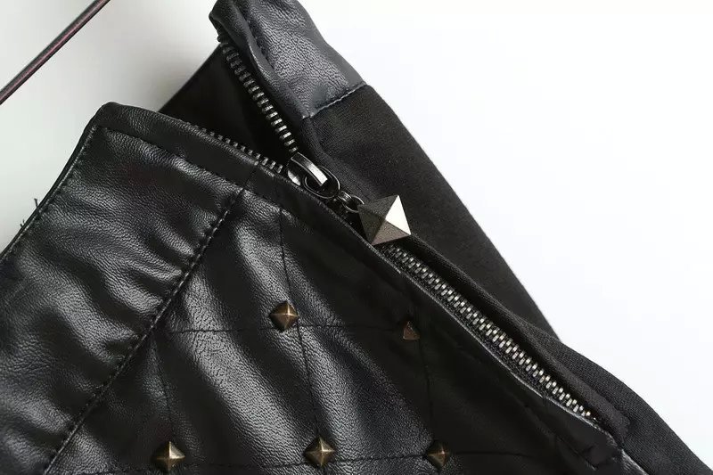 XZ96 Summer Fashion Women Rivet Side Zipper PU Leather patchwork knitting skirt Casual black brand Quality Skirts