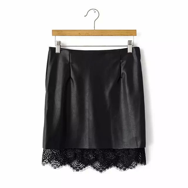 04SY10 Fashion women elegant sexy Black lace spliced pu leather Skirts hot stylish zipper casual slim brand skirts