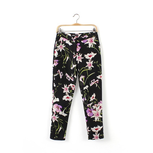 LE07 Fashion Women Elegant floral Print Zipper trousers Pockets Casual black Brand Pants