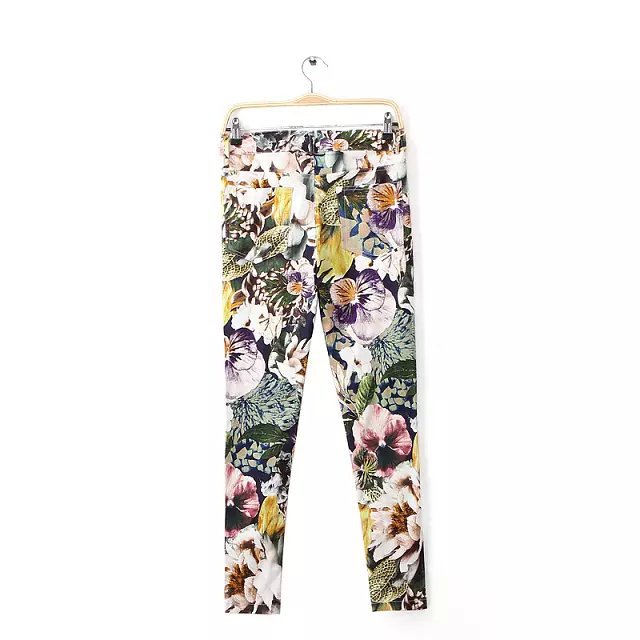 03TH23 Fashion women's Elegant Floral print stretch skinny trousers casual slim zipper pencil pants brand designer pants