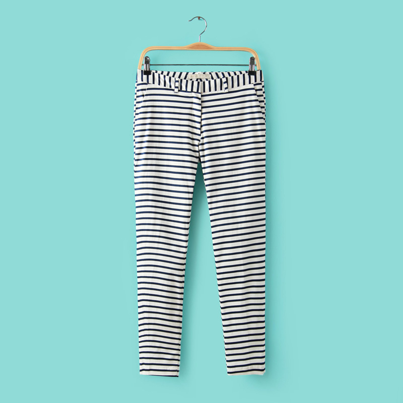 03TH03 Fashion women's Elegant classic striped print pencil pants cozy trousers zipper pockets belt casual slim pants