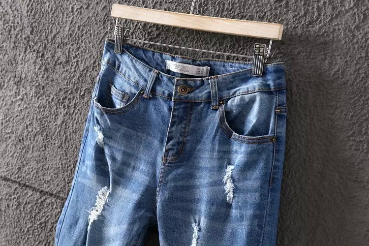WS09 Fashion New Women Elegant holes Blue Denim jeans Trousers zipper pockets Casual brand design pants