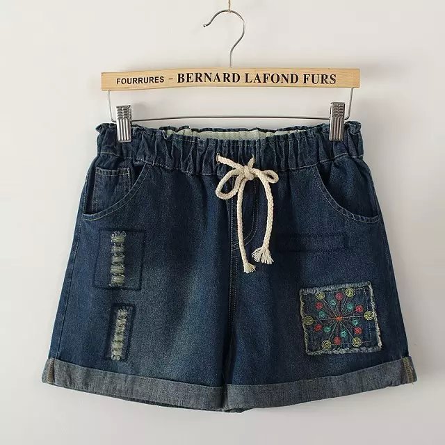 ZH03 New Fashion Women Elegant Drawstring Embroidery Denim Blue Jeans pockets Hole casual shorts