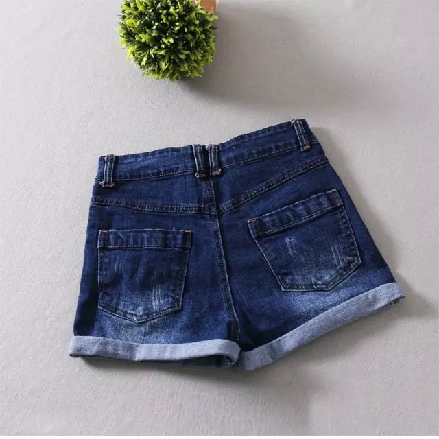 WS04 New Fashion Women Vintage Denim blue 4 Buttons Pocket Cuffs Casual Jeans Shorts