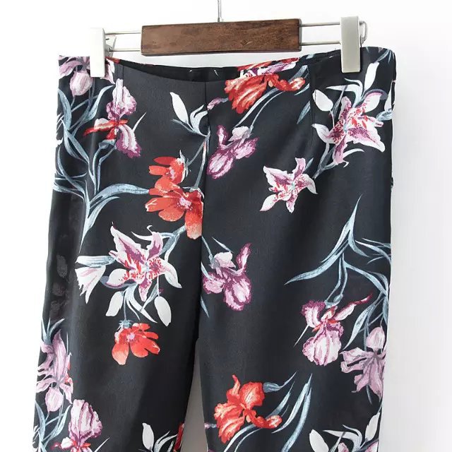 LJ58 Fashion Women Elegant Floarl Print Pants Fit Zipper Pockets Casual Brand Capris Trousers Pantalon Femme