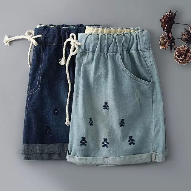 ZH01 Fashion Women Elegant bear Embroidery Drawstring Denim Blue Jeans pockets casual shorts