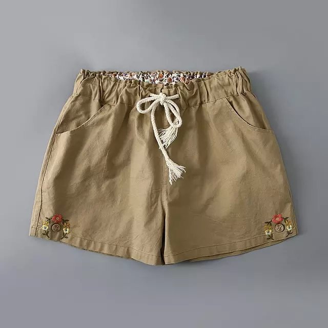 ZH08 Fashion Ladies Cotton Elegant Floral Embroidery Drawstring casual brand design pocket shorts