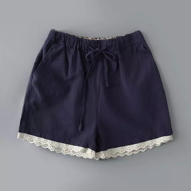 ZH06 Fashion Women Linen Elegant Lace Patchwork Drawstring casual brand design pocket shorts