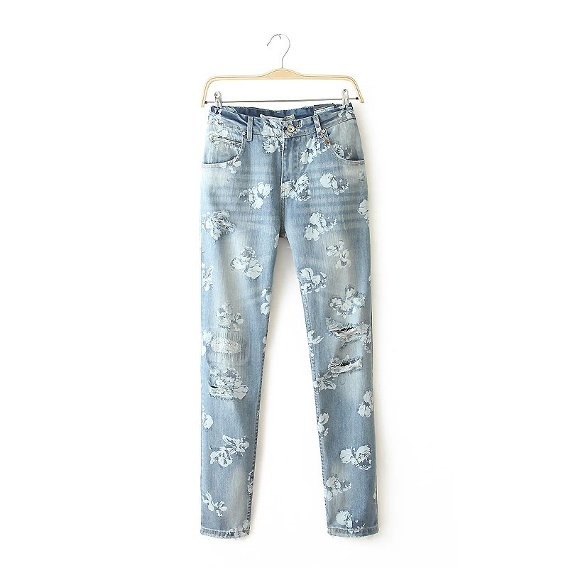 Fg12 Fashion Women Elegant Floral Print Holes Blue Denim Ripped Jeans Trouses Zipper Pockets Casual Slim Brand Skinny Pants