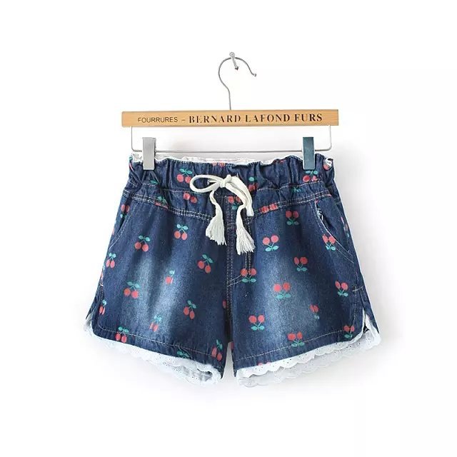 QQ20 Fashion Ladies' Elegant Flower Print blue denim shorts elastic waist pockets shorts causal Slim brand shorts