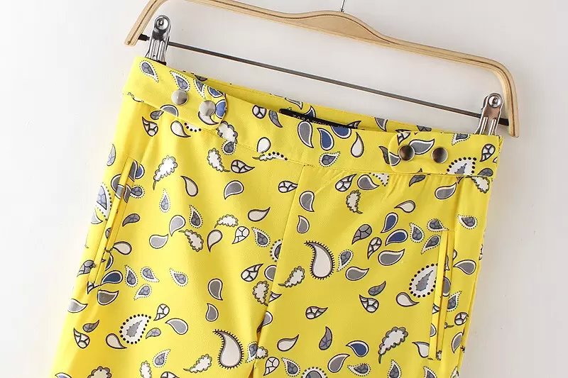 HA06 Fashion Women Elegant Paisley print Embroidery Button pocket trousers Casual brand designer Yellow pants