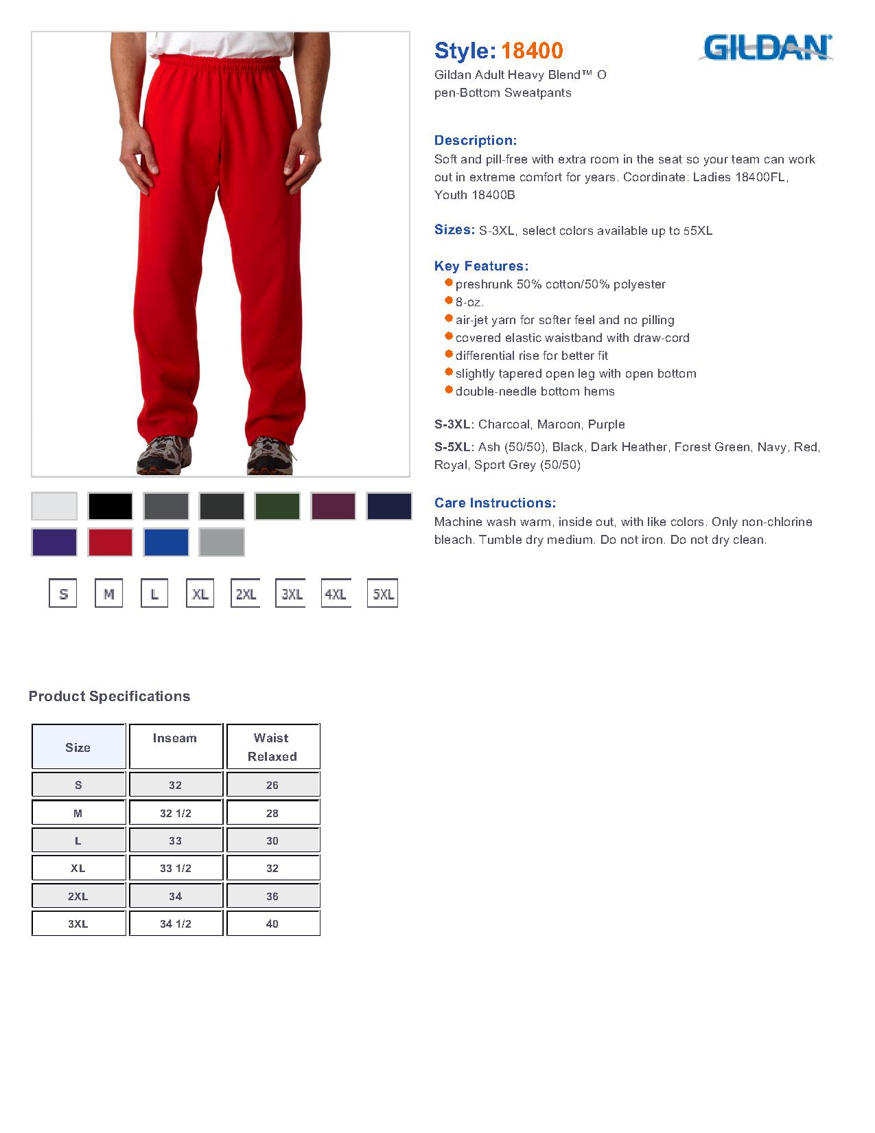 Gildan Sweatpants Size Chart
