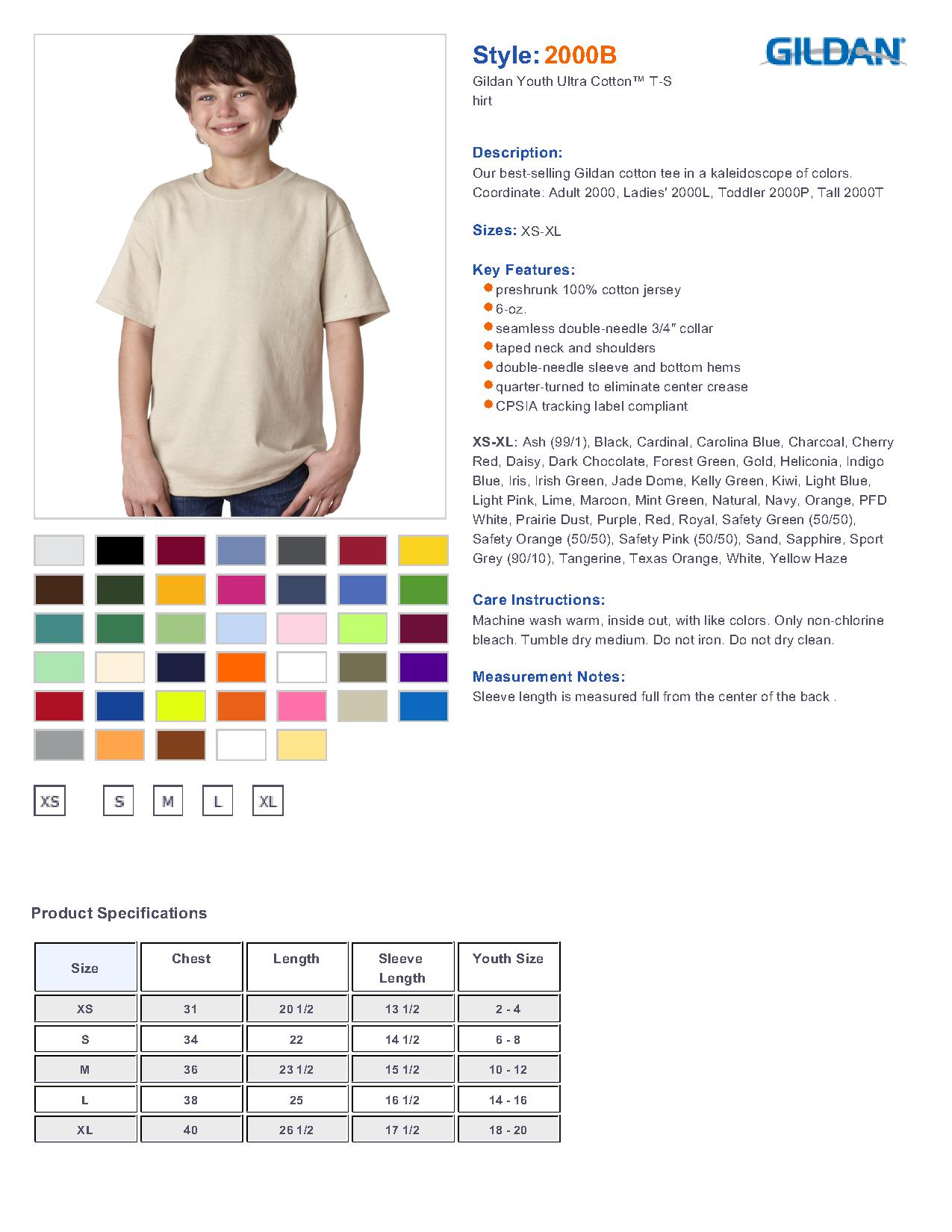 Gildan 2000 T Shirt Size Chart