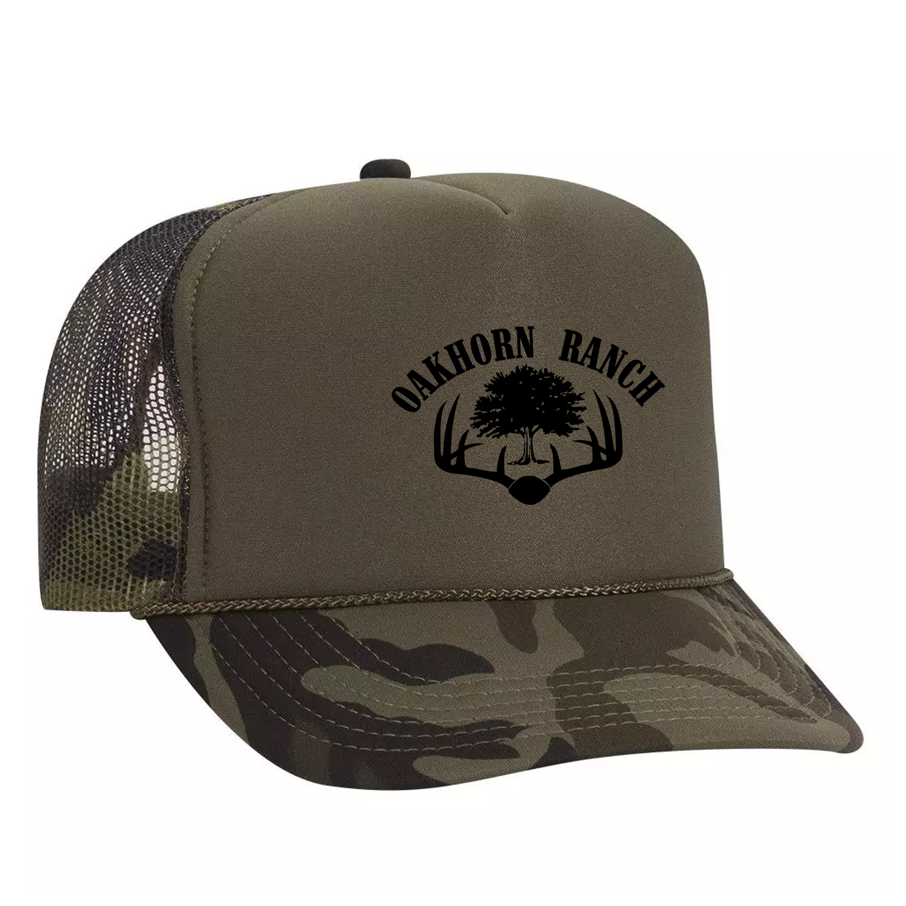 custom design of Camouflage polyester foam front five panel high crown golf style mesh back cap (plain front)