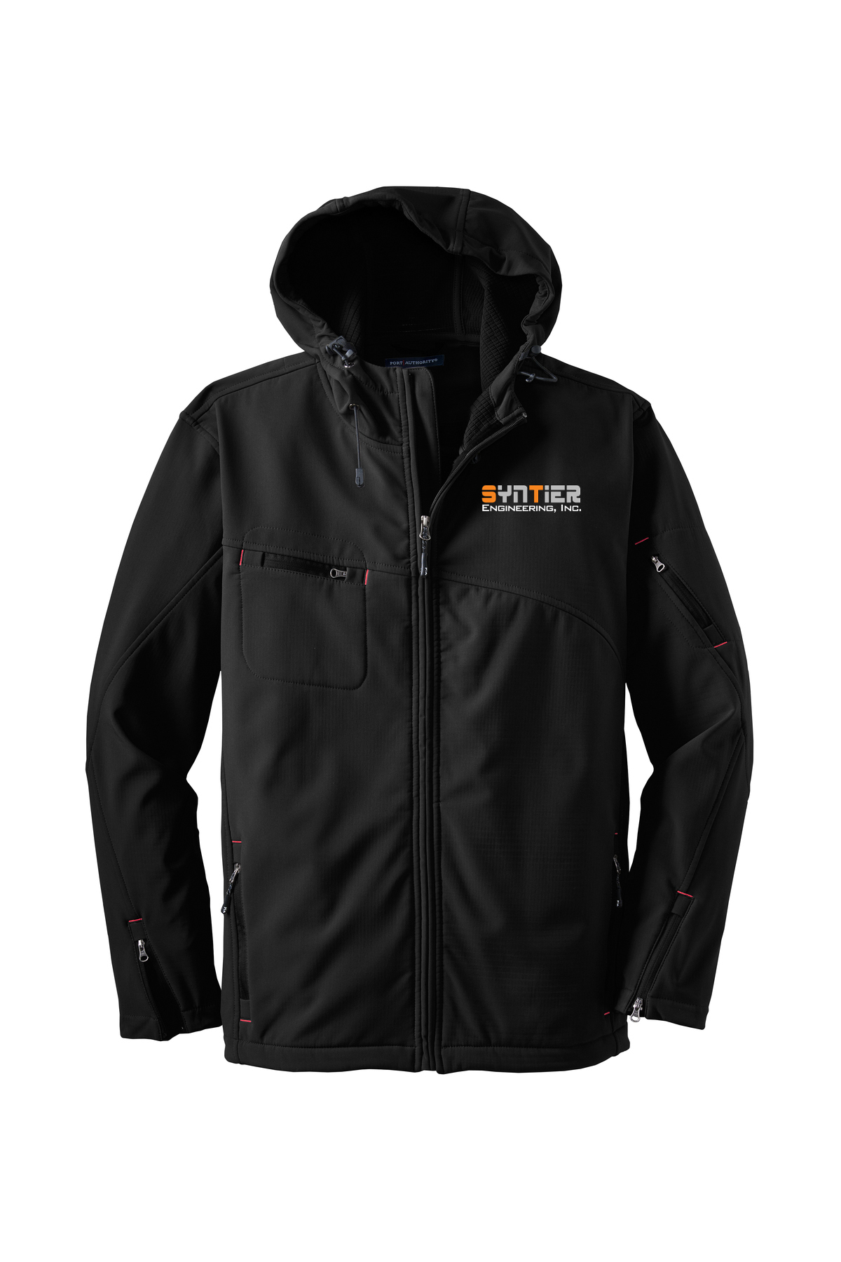 custom design of Port Authority® J706 Textured Hooded Soft Shell Jacket