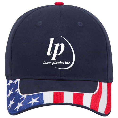 custom design of United States flag visor brushed cotton twill two tone color six panel low profile pro style cap