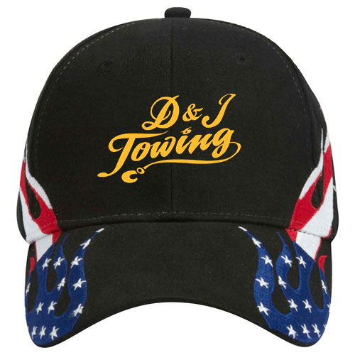 custom design of United States flag flame pattern brushed cotton twill two tone color six panel low profile pro style caps
