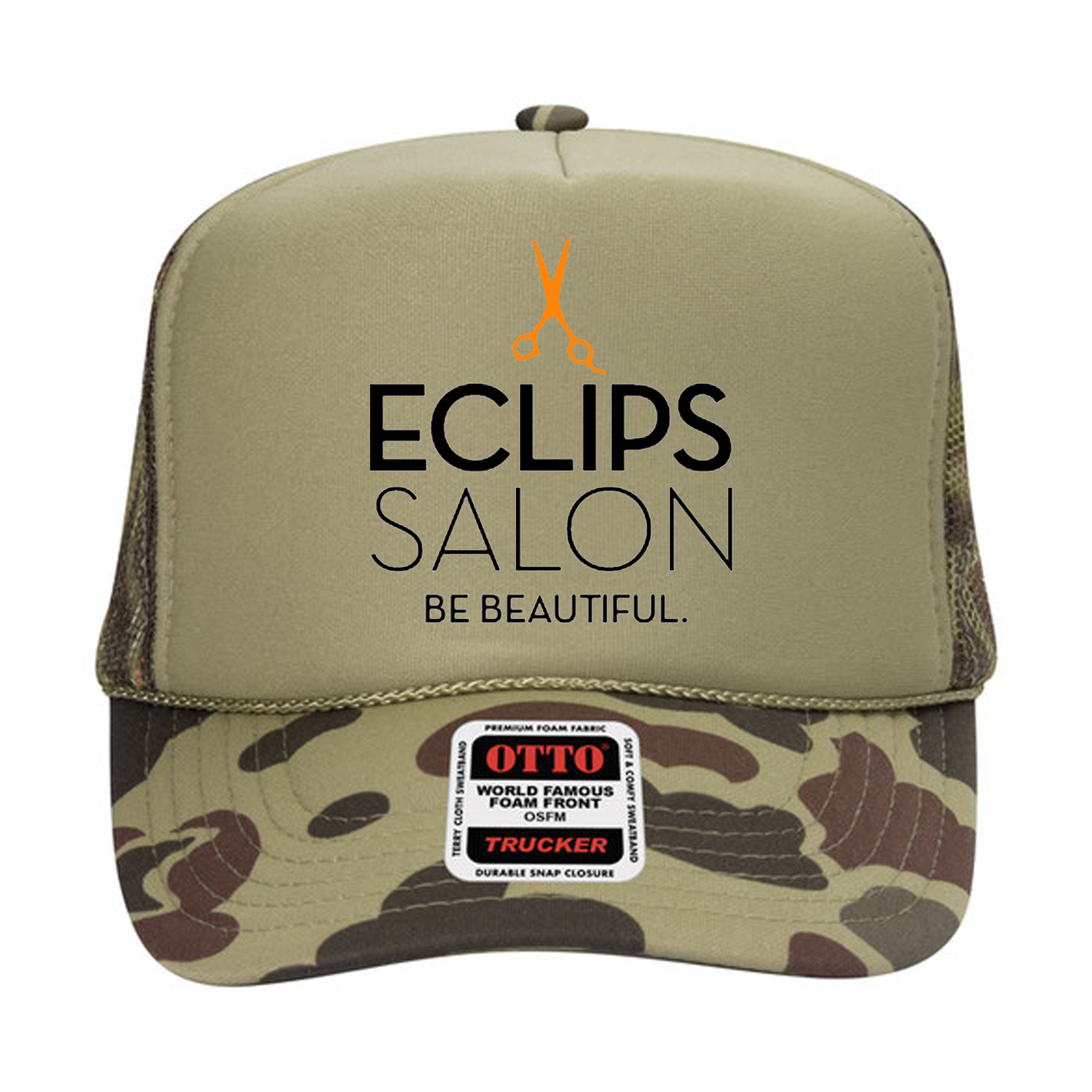 Camouflage polyester foam front five panel high crown golf style mesh back cap (plain front)