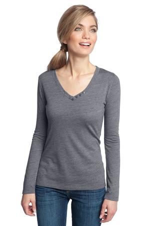District Made™ DM472 Ladies Textured Long Sleeve V-Neck with Button Detail