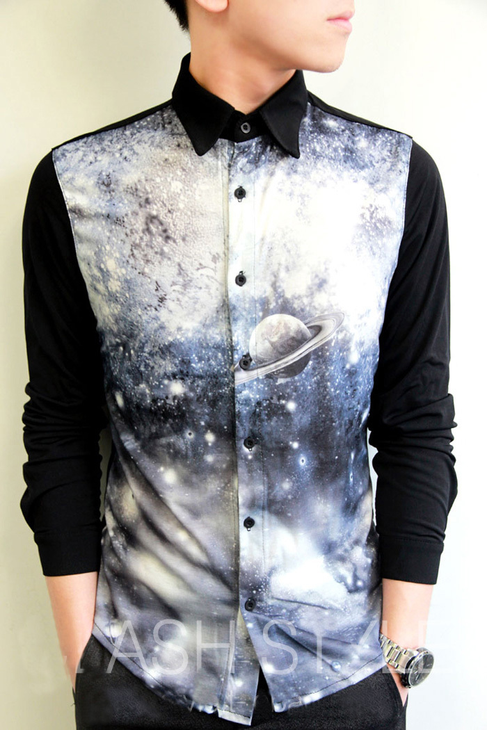 Cage Corner MCL104 - Mens Stand-Up Collar Shirt With 3D Galaxy