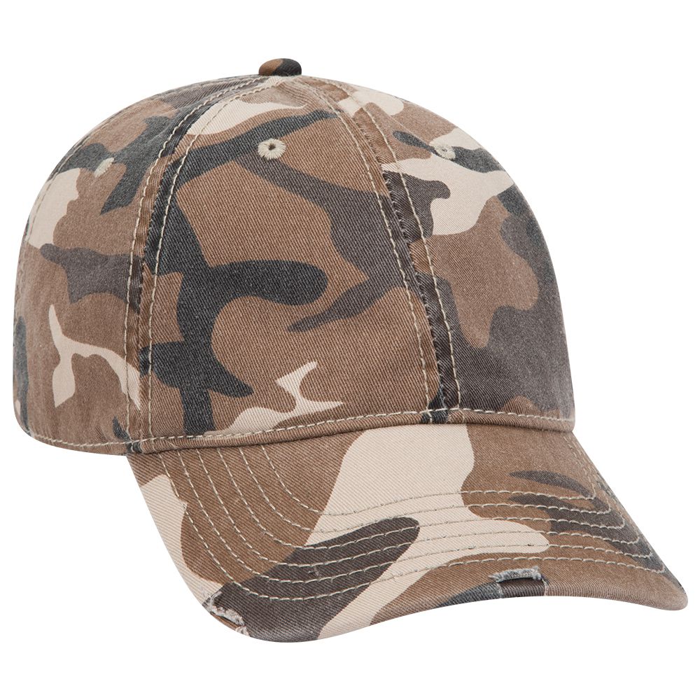 Camouflage superior garment washed cotton twill distressed visor low profile pro style caps