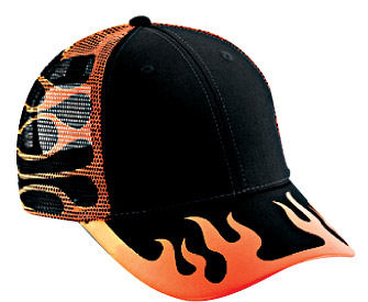 Flame pattern cotton twill two tone color six panel low profile pro style mesh back cap