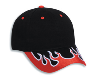Flame pattern visor brushed cotton twill two tone color six panel low profile pro style caps